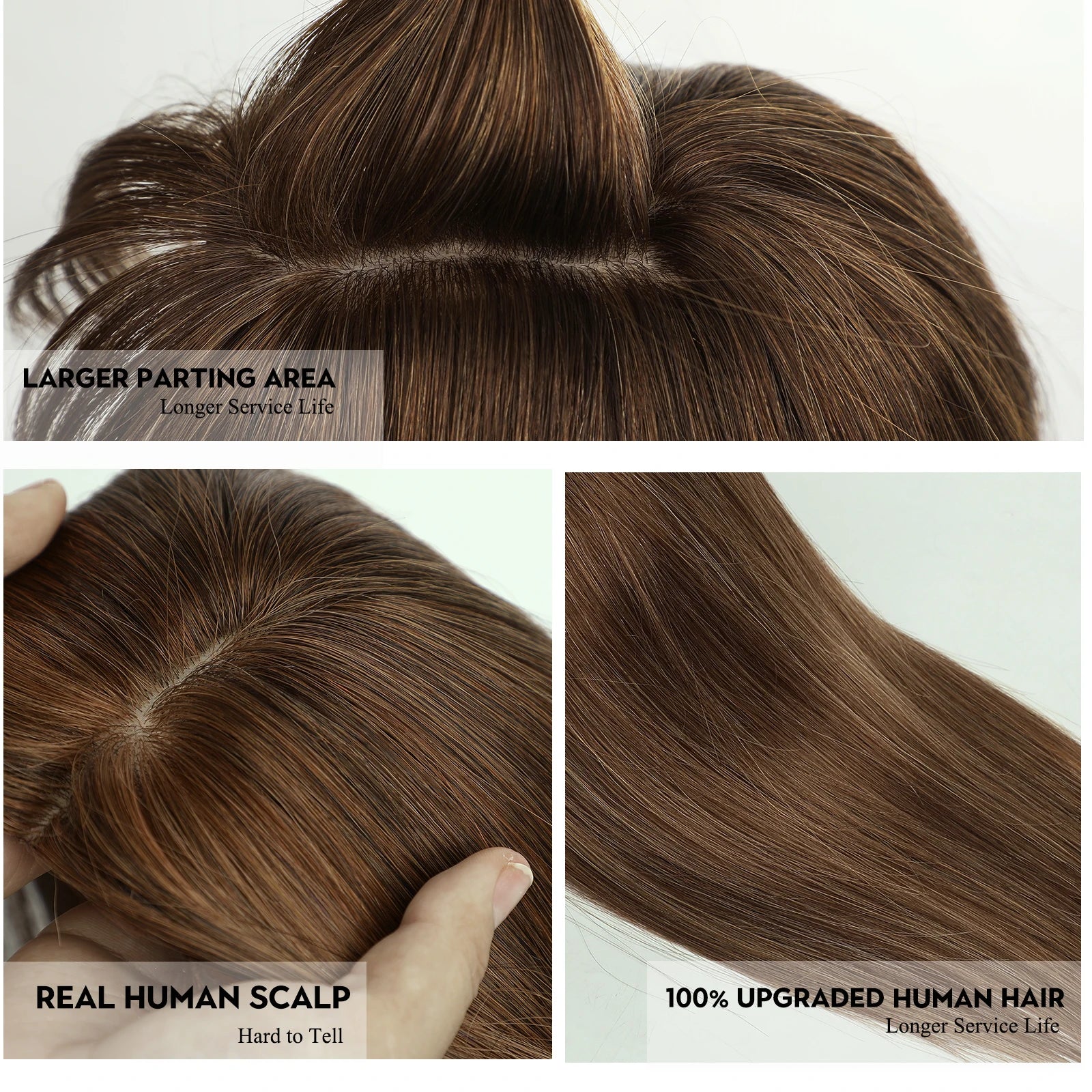 Dark Brown Human Hair Toppers with Bang 100% Remy Human Hair Piece for Women Thining Hair Silk Base Clip in Topper