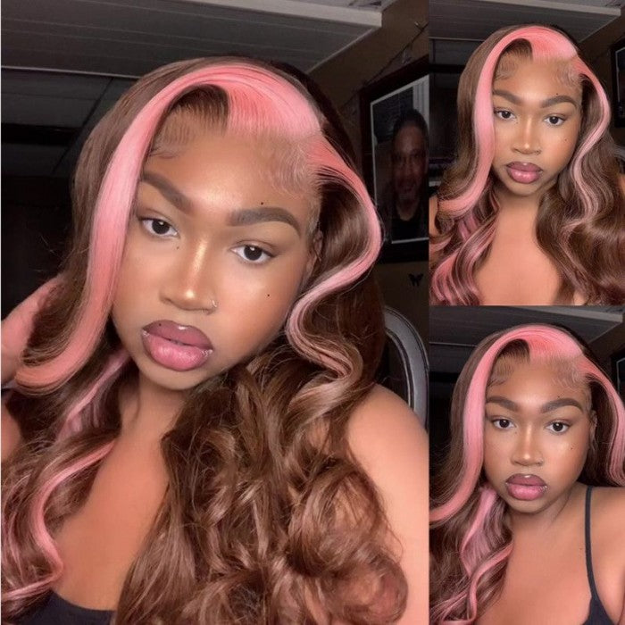 Wesface Strawberry Pink & Chocolate Skunk Stripe Straight 13×4 Lace Front wig