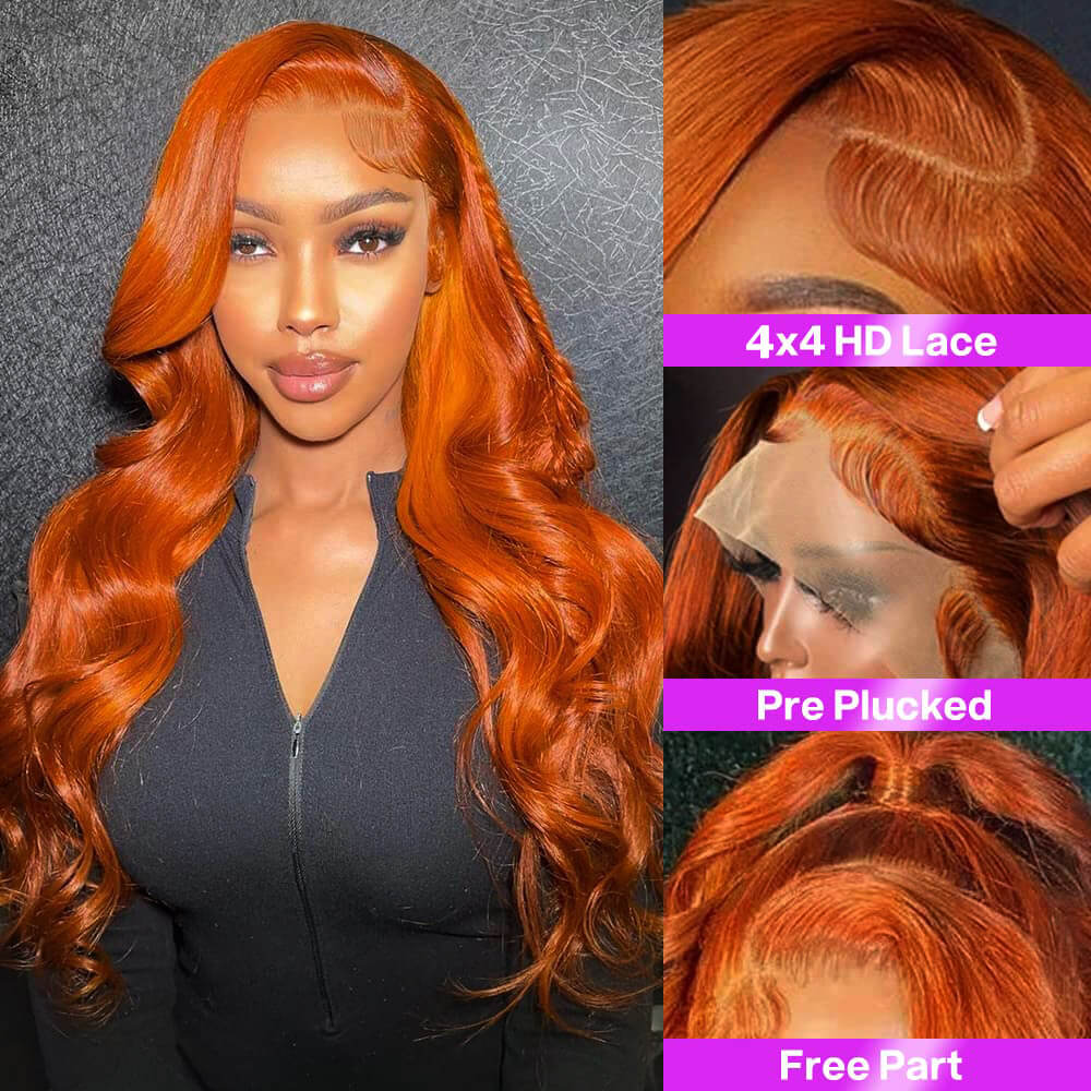 Wesface Wigs Ginger Wig Ginger Orange Body Wave 4X4 Lace Closure Wig Glueless Lace Wig Pre-plucked Pre-layered Body Wave Wig for Black Women