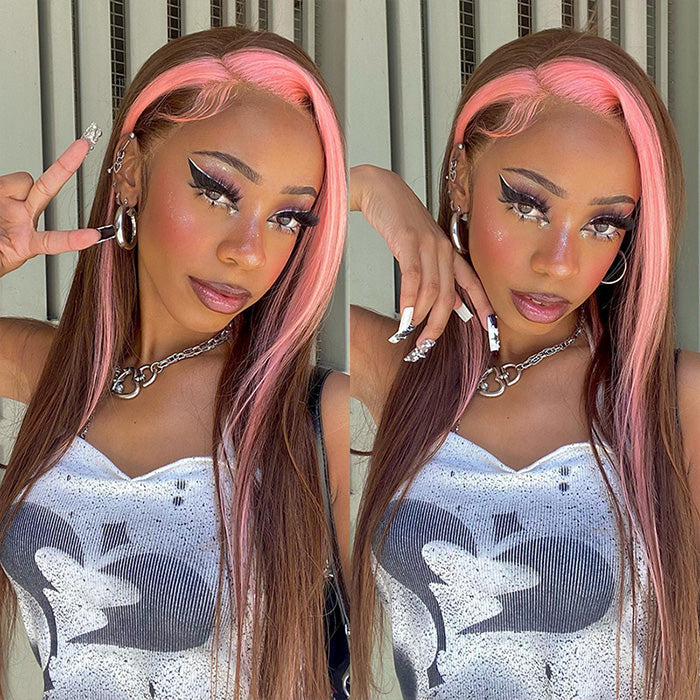 Wesface Strawberry Pink & Chocolate Skunk Stripe Straight 13×4 Lace Front wig