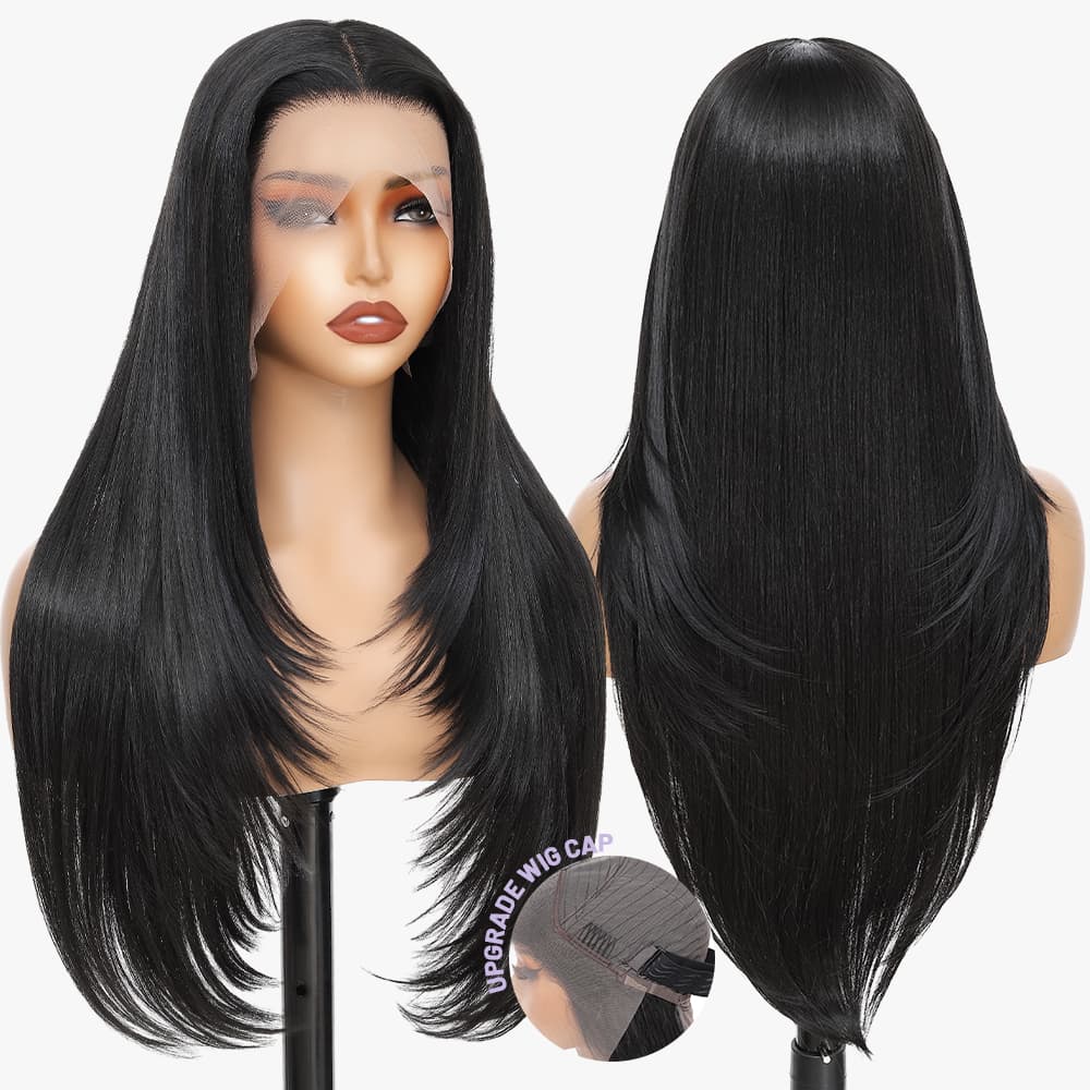 Straight Lace Front Wig 13x4 HD Lace Layered Hairstyle Pre Plucked Hairline Synthetic Straight Long Black Glueless Wigs for Women 26 Inch Beginner Friendly