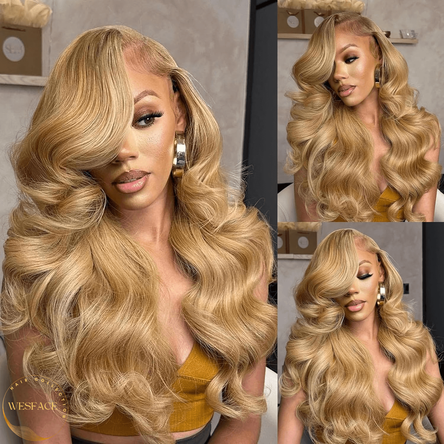 Wesface Honey Blonde Lace Front Wig Cabelo Humano Onda Corporal 13x4 Lace Frontal Perucas de Cabelo Humano Pré-Plucked com Cabelo de Bebê 180% Densidade Perucas Sem Cola 27