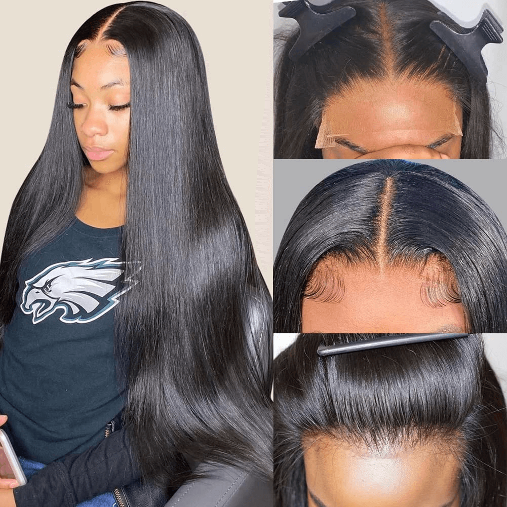 Wesface Wigs Glueless Lace Closure Wigs Human Hair Pre Plucked Bleached Knots with Baby Hair 180 Density 4x4 Straight Lace Closure Wigs for Black Women Natural Black Color
