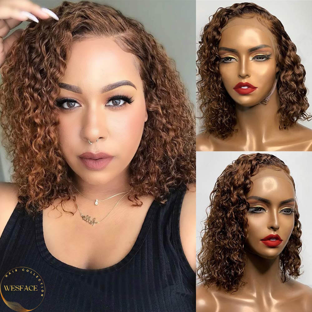 Wesface Brown Curly Bob Wig Human Hair Lace Closure Wigs 12A Glueless Wigs Human Hair Pre Plucked 4x4 Transparent Short Chocolate Brown Water Wave Human Hair Wigs for Women