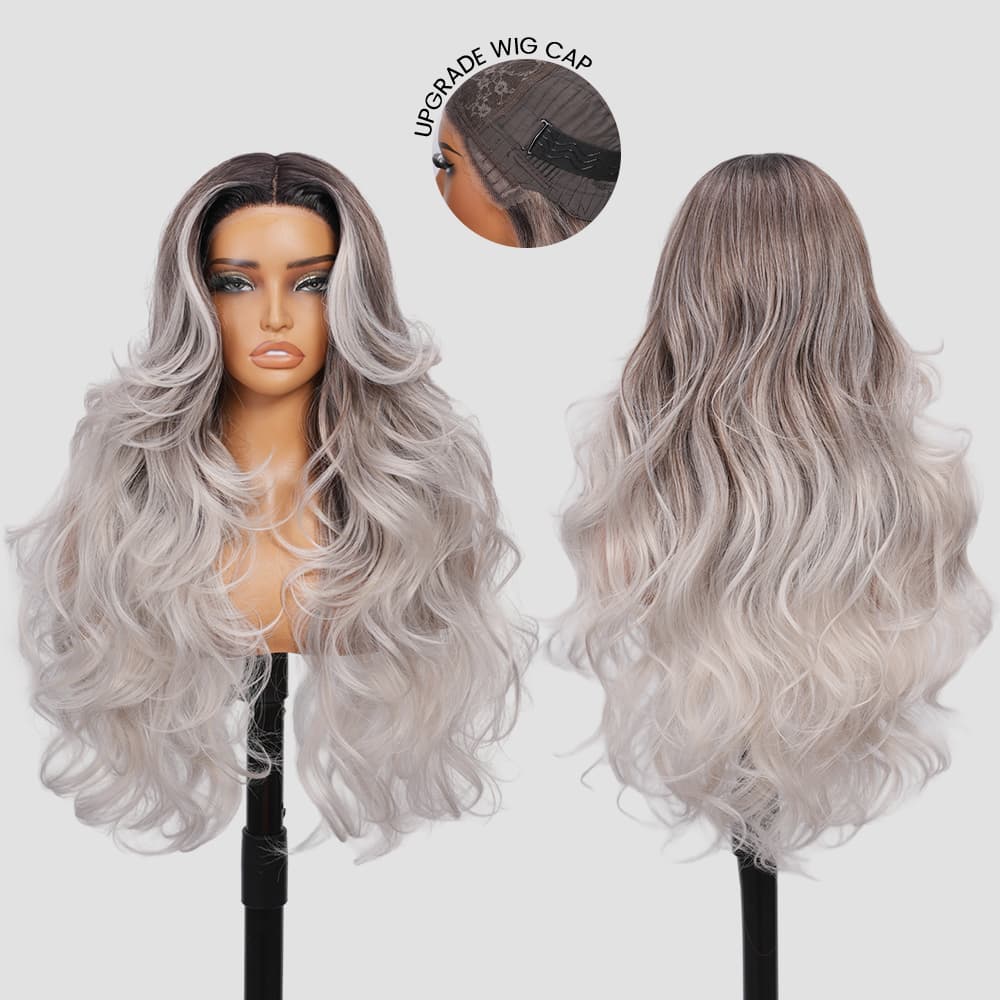 Wigaga 28 Inch Ombre Cool Gray Body Wave Wig, 13x4x1 HD Lace Glueless T-Part Lace Front Synthetic Wig for Women, Pre-Plucked Natural Hairline with Baby Hair, 200% Density, Soft Lightweight Heat-Resistant Premium Fiber, Middle Part Free Small Wavy