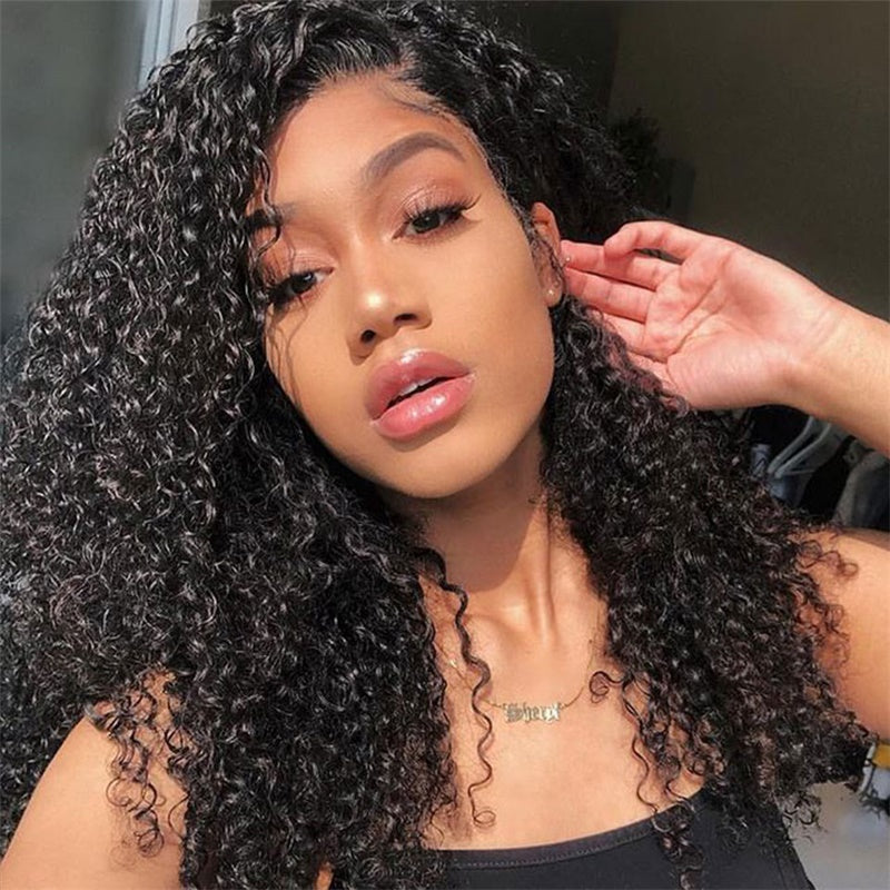 Flash Sale Wesface Curly 13x4 Lace Front Natural Black Human Hair Wig 180% Density