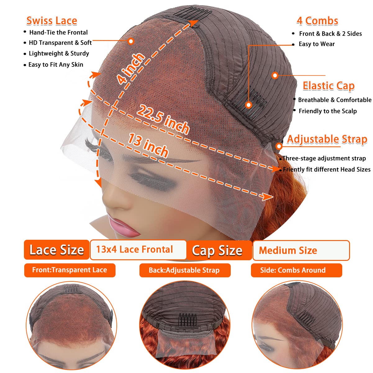 Wesface Ginger Orange Curly Hair 13x4 Transparent Lace front Wig Bleached knots Preplucked