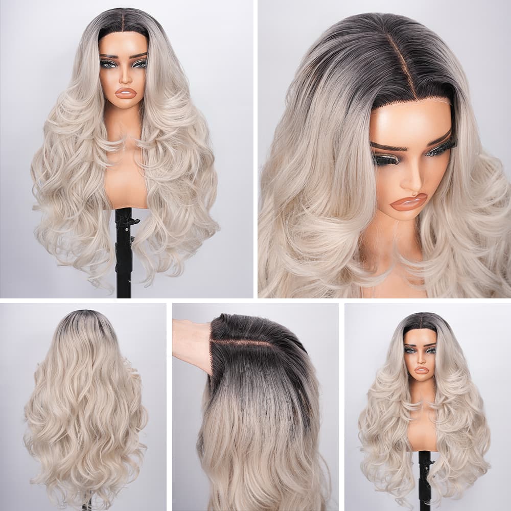 Wigaga 28 Inch Ombre Ice Cream Body Wave Wig, 13x4x1 HD Lace Glueless T-Part Lace Front Synthetic Wig for Women, Pre-Plucked Natural Hairline with Baby Hair, 200% Density, Soft Lightweight Heat-Resistant Premium Fiber
