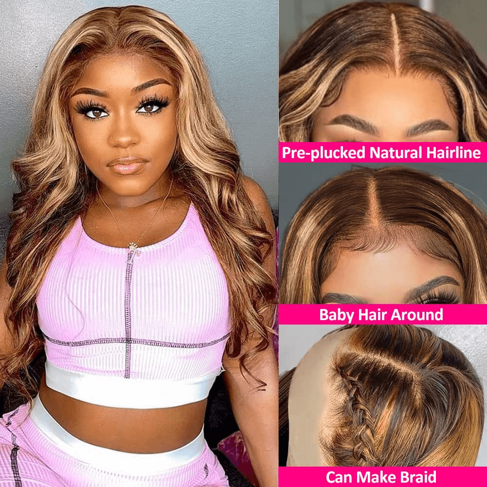 Wesface Wigs Highlight 4x4 Transparent Lace Closure Wigs Human Hair Body Wave Glueless Wigs Pre Plucked 180 Density 4/27 Honey Blonde Ombre Balayage Colored Human Hair Wigs for Black Women