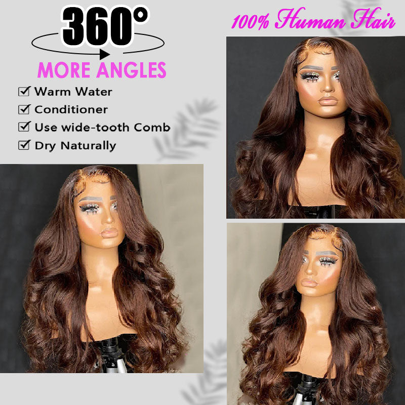 Wesface Chocolate Brown Body Wave Peruca de cabelo humano 13x4 Lace Front Wig pré-arrancada para mulheres