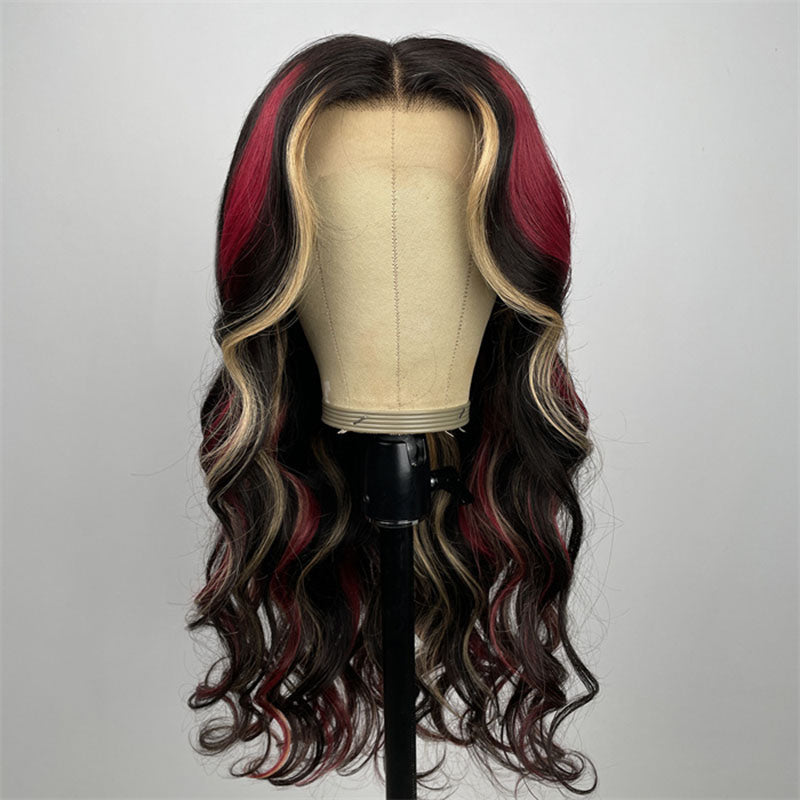 Flash Sale Black With Red Blonde Highlights Human Hair Wigs Glueless Frontal Wig Wesface Wigs