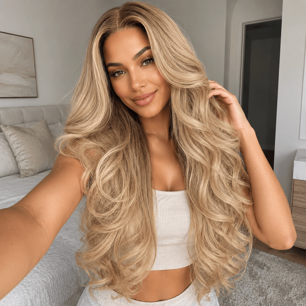 Wigaga 28 Inch Ombre Autumn Brown Body Wave Wig, 13x4x1 HD Lace Glueless T-Part Lace Front Synthetic Wigs for Women, Pre-Plucked Hairline with Baby Hair, Soft Lightweight Heat-Resistant Premium Fiber, Middle Part Free Small Wavy, 200% Density
