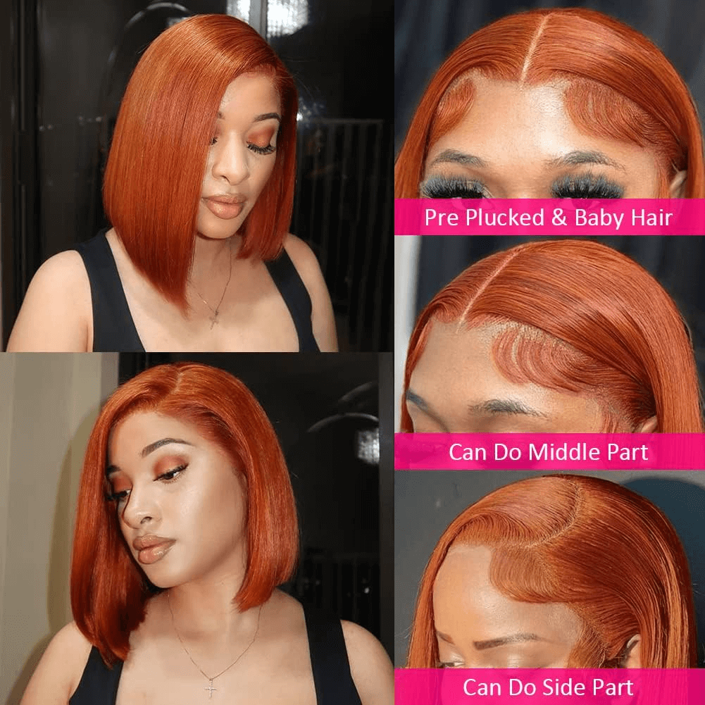 Wesface Ginger Orange Bob Wig Human Hair 13X4 Glueless Wigs Human Hair Pre Plucked Natural Hairline 180% Density Straight Bob Ginger Lace Front Wigs Human Hair for Women Short Bob Wig