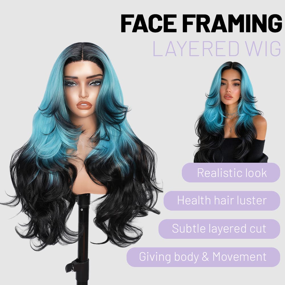 Wigaga 28 Inch Ombre Teal Black Body Wave Wig, 13x4x1 HD Lace Glueless T-Part Lace Front Synthetic Wig for Women, Pre-Plucked Natural Hairline with Baby Hair, 200% Density, Soft Lightweight Heat-Resistant Premium Fiber