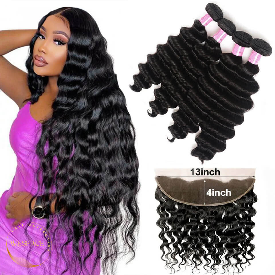 Wesface Deep Wave 4 Bundles Hair Weft With 13x4 Lace Frontal Human Hair
