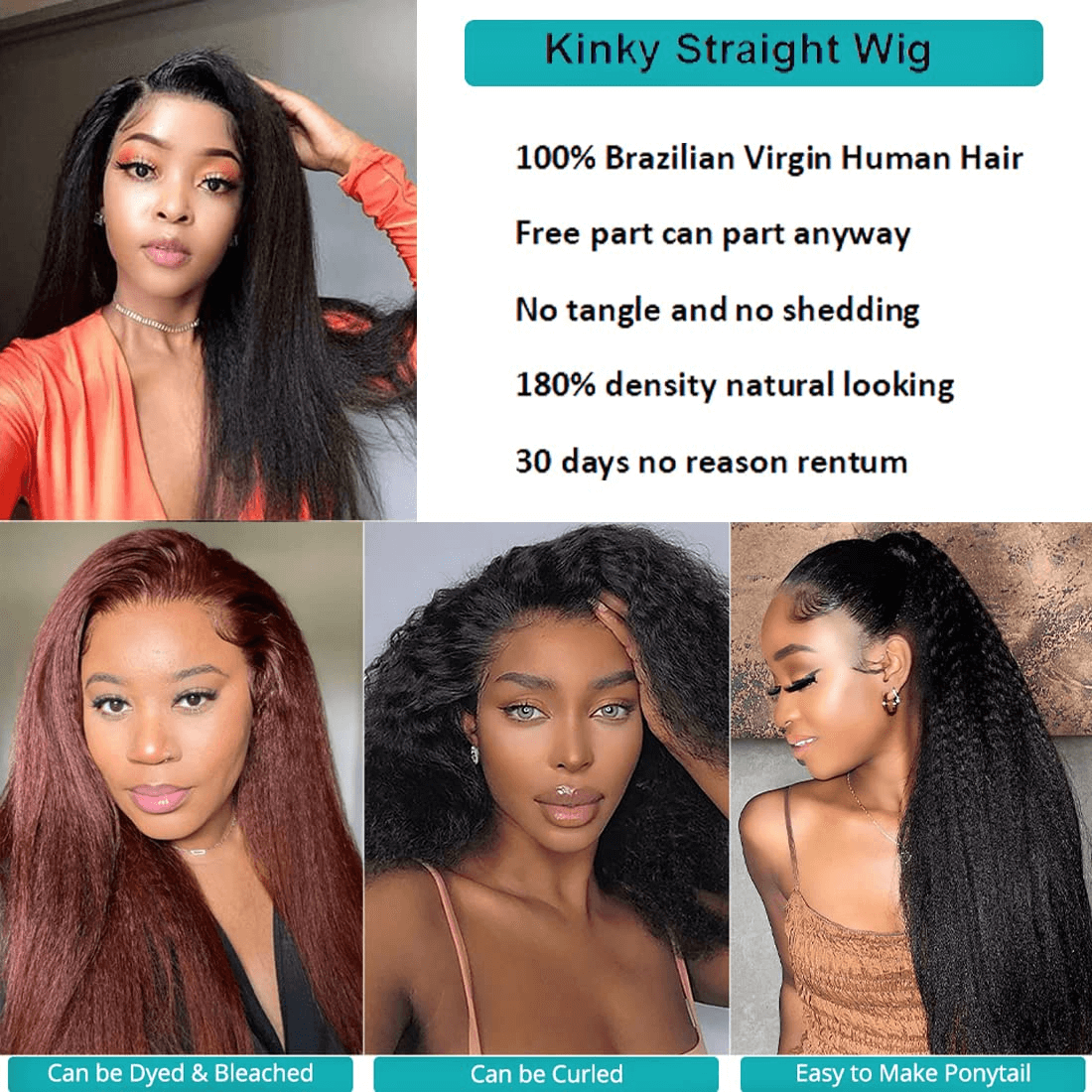 Wesface Full Lace Frontal Wig Kinky Straight Lace Front Wig Human Hair Pre Plucked 180 Density Yaki Straight Transparent Lace Wig 12A Brazilian Virgin Human Hair Wigs for Black Women