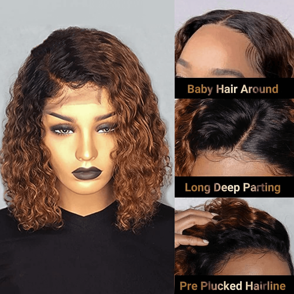 Wesface Ombre Lace Closure Wig Human Hair Short Curly Bob Brown Ombre Glueless Wigs Human Hair Pre Plucked With Baby Hair for Black Women 4x4 Lace Closure Brazilian Virgin Hair Dark Roots Wig