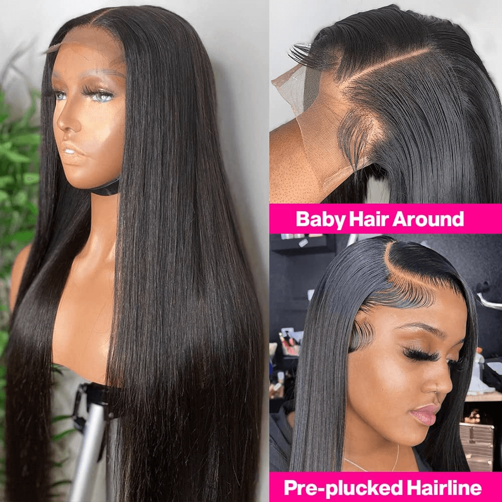 Wesface Wigs Glueless Lace Closure Wigs Human Hair Pre Plucked Bleached Knots with Baby Hair 180 Density 4x4 Straight Lace Closure Wigs for Black Women Natural Black Color