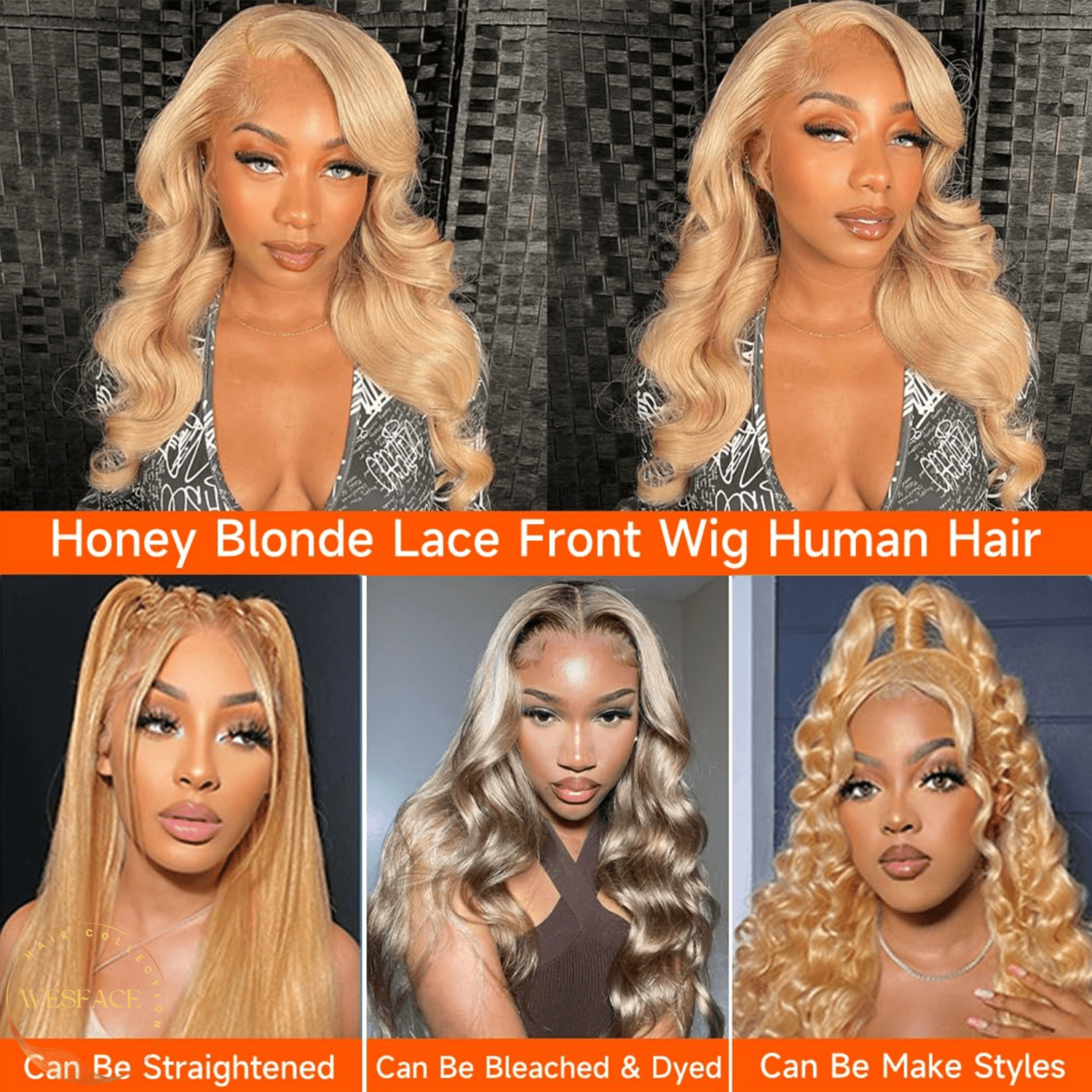Wesface Honey Blonde Lace Front Wig Cabelo Humano Onda Corporal 13x4 Lace Frontal Perucas de Cabelo Humano Pré-Plucked com Cabelo de Bebê 180% Densidade Perucas Sem Cola 27