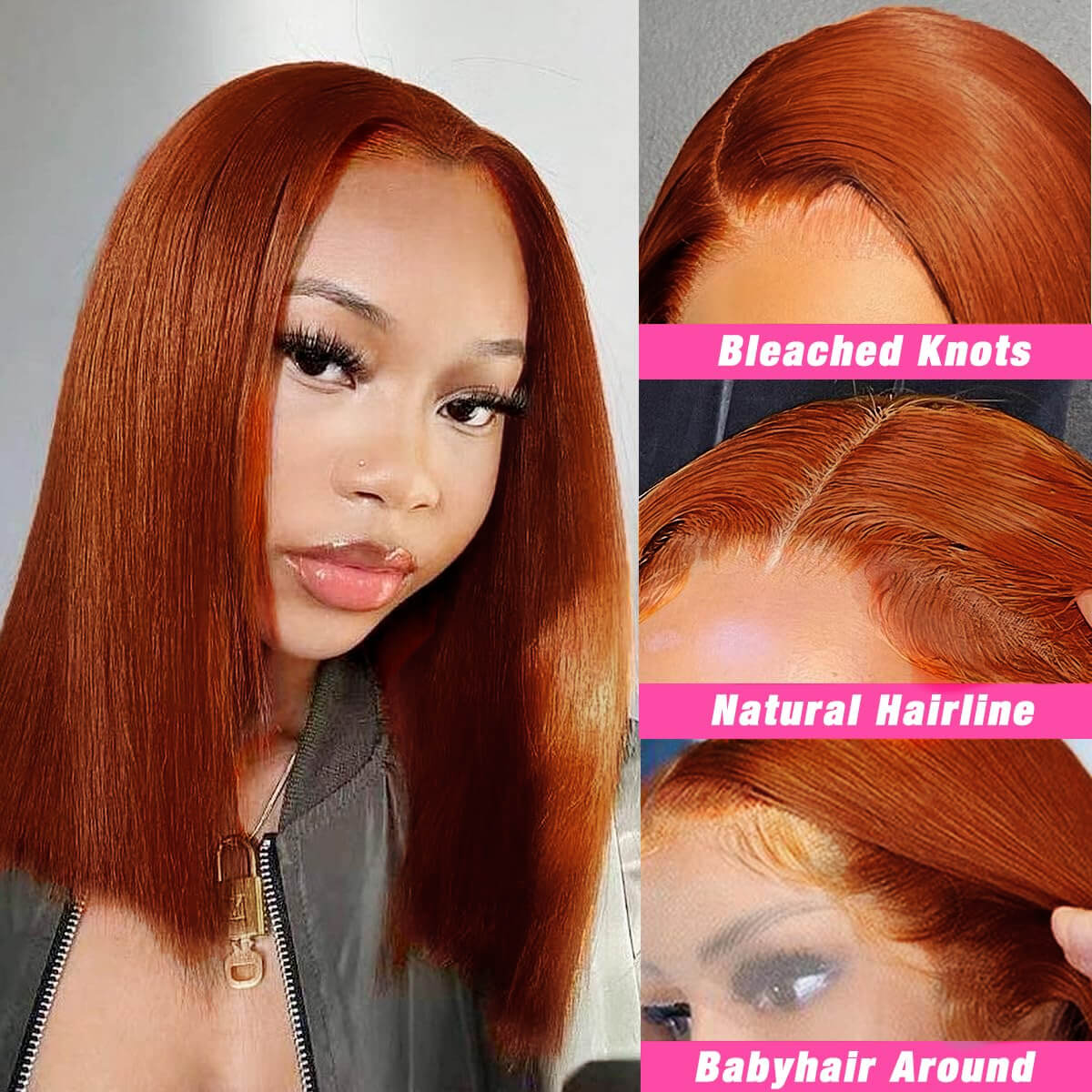 Wesface Ginger Lace Closure Wigs Bob Wig 4x4 Closure Glueless Wigs Human Hair Pre Plucked, Color