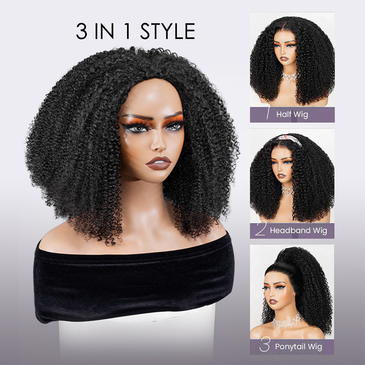 Wesface 1 Wig 3 Looks 100% Virgin Hair Afro Curly Human Hair Flip-Over Half Wig for Women 180% Density