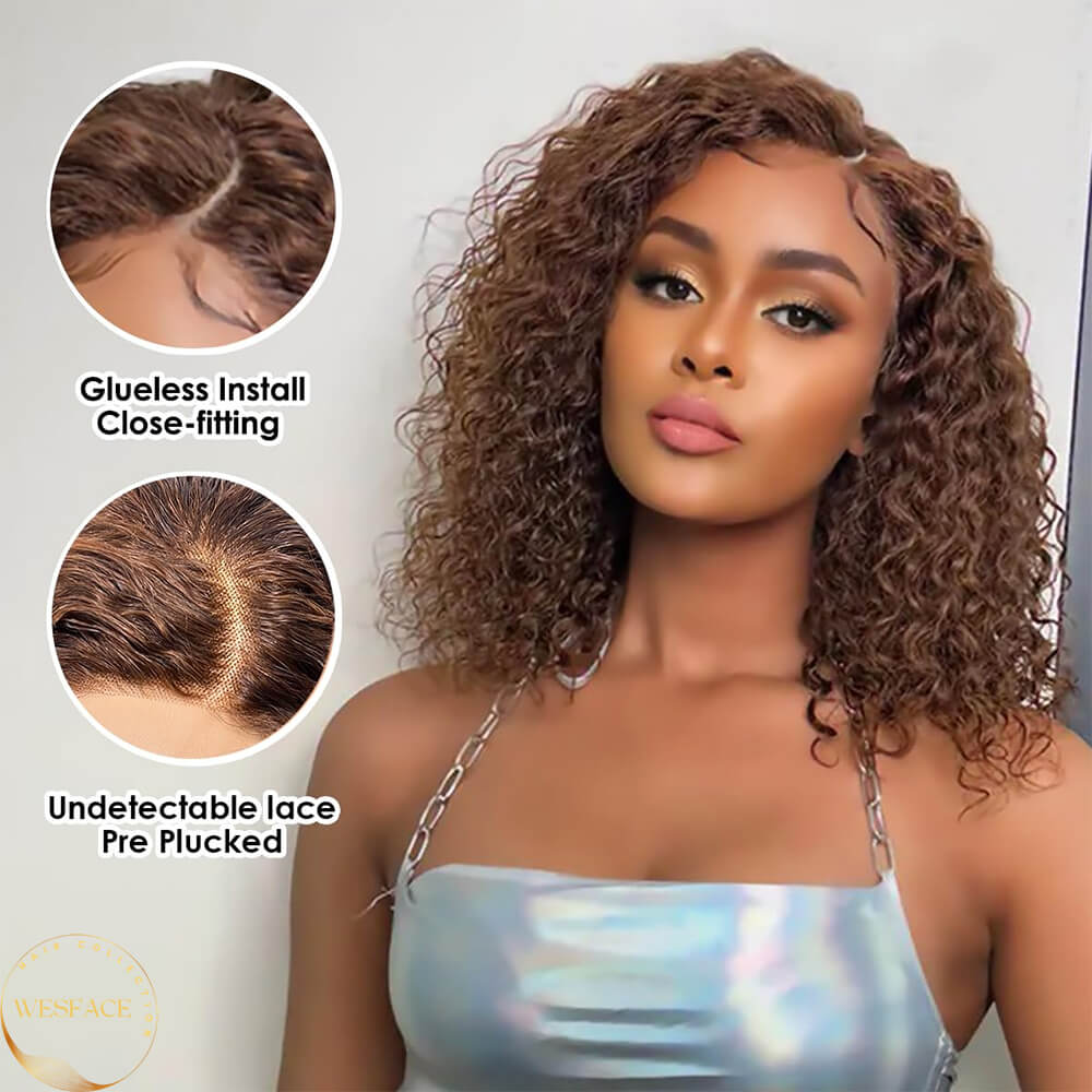 Wesface Brown Curly Bob Wig Human Hair Lace Closure Wigs 12A Glueless Wigs Human Hair Pre Plucked 4x4 Transparent Short Chocolate Brown Water Wave Human Hair Wigs for Women