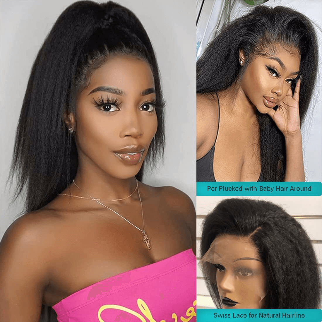 Wesface Full Lace Frontal Wig Kinky Straight Lace Front Wig Human Hair Pre Plucked 180 Density Yaki Straight Transparent Lace Wig 12A Brazilian Virgin Human Hair Wigs for Black Women