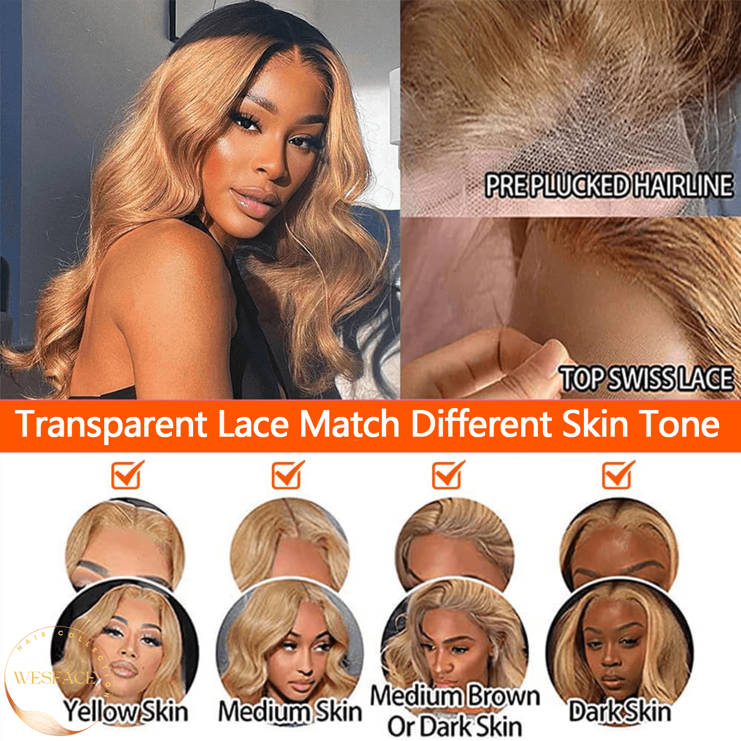 Wesface Honey Blonde Lace Front Wig Cabelo Humano Onda Corporal 13x4 Lace Frontal Perucas de Cabelo Humano Pré-Plucked com Cabelo de Bebê 180% Densidade Perucas Sem Cola 27