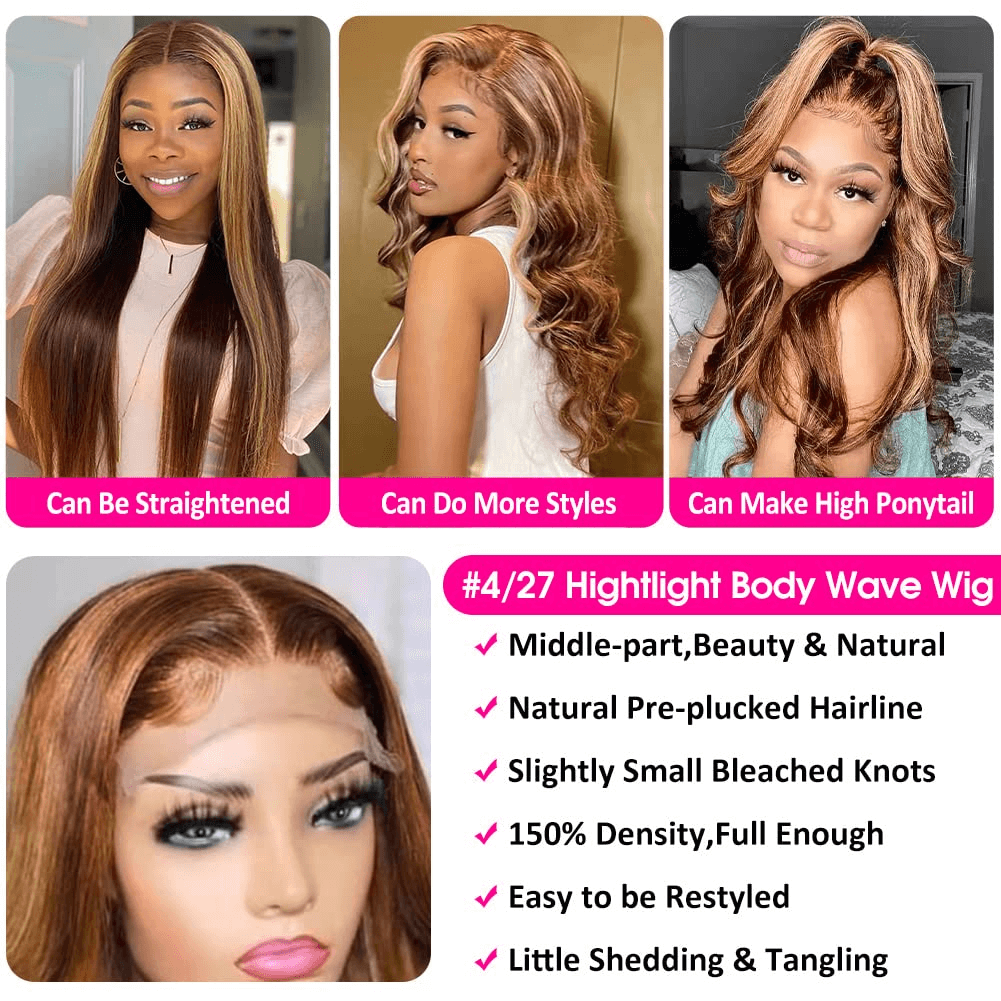 Wesface Wigs Highlight 4x4 Transparent Lace Closure Wigs Human Hair Body Wave Glueless Wigs Pre Plucked 180 Density 4/27 Honey Blonde Ombre Balayage Colored Human Hair Wigs for Black Women