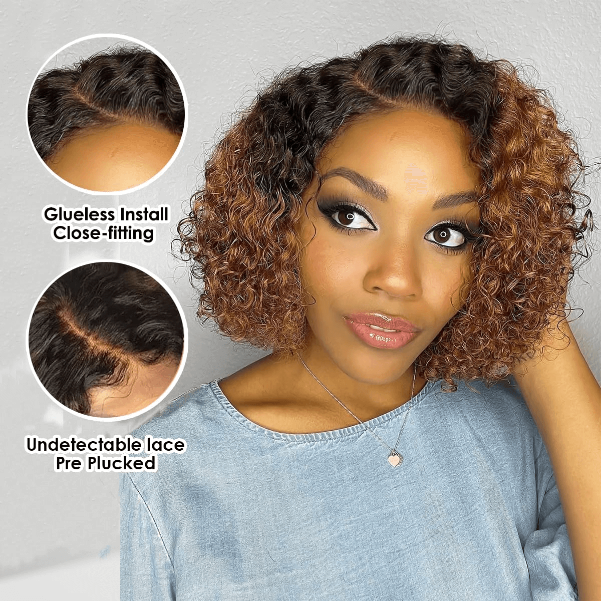 Wesface Ombre Lace Closure Wig Human Hair Short Curly Bob Brown Ombre Glueless Wigs Human Hair Pre Plucked With Baby Hair for Black Women 4x4 Lace Closure Brazilian Virgin Hair Dark Roots Wig