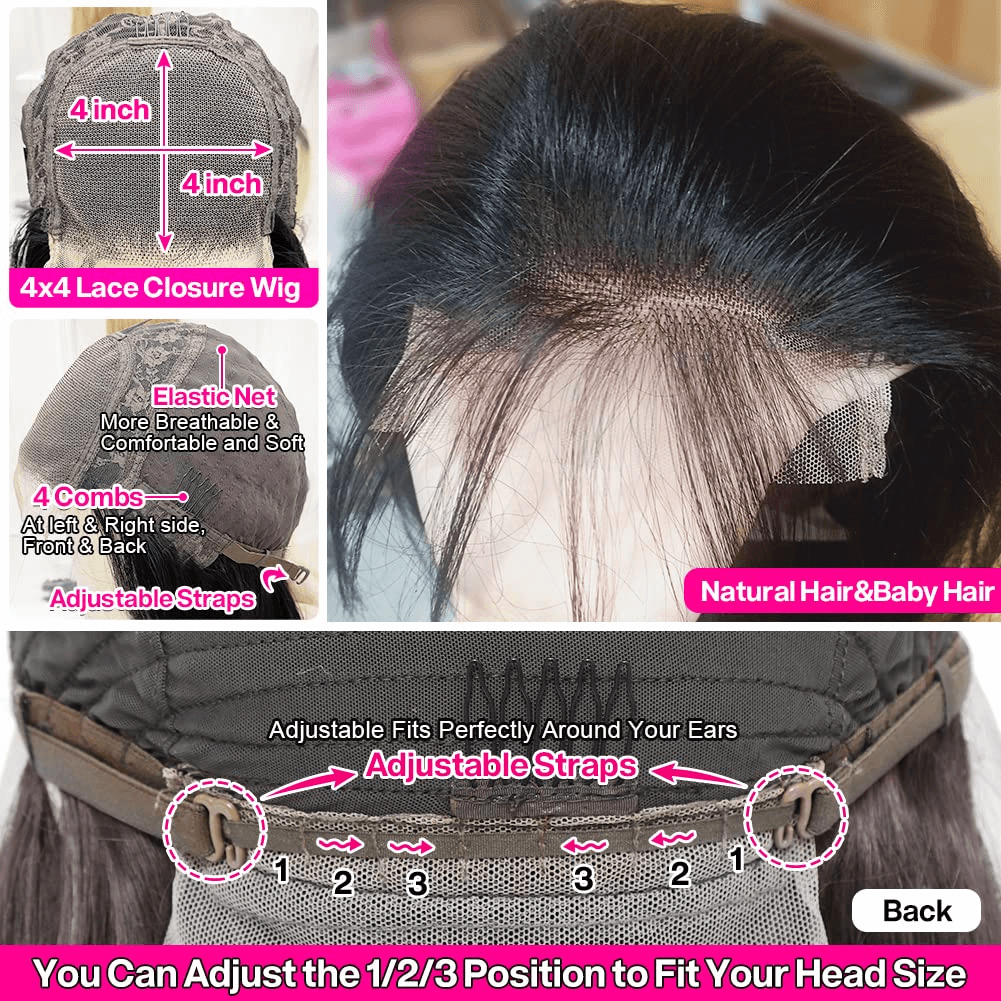 Wesface Wigs Glueless Lace Closure Wigs Human Hair Pre Plucked Bleached Knots with Baby Hair 180 Density 4x4 Straight Lace Closure Wigs for Black Women Natural Black Color