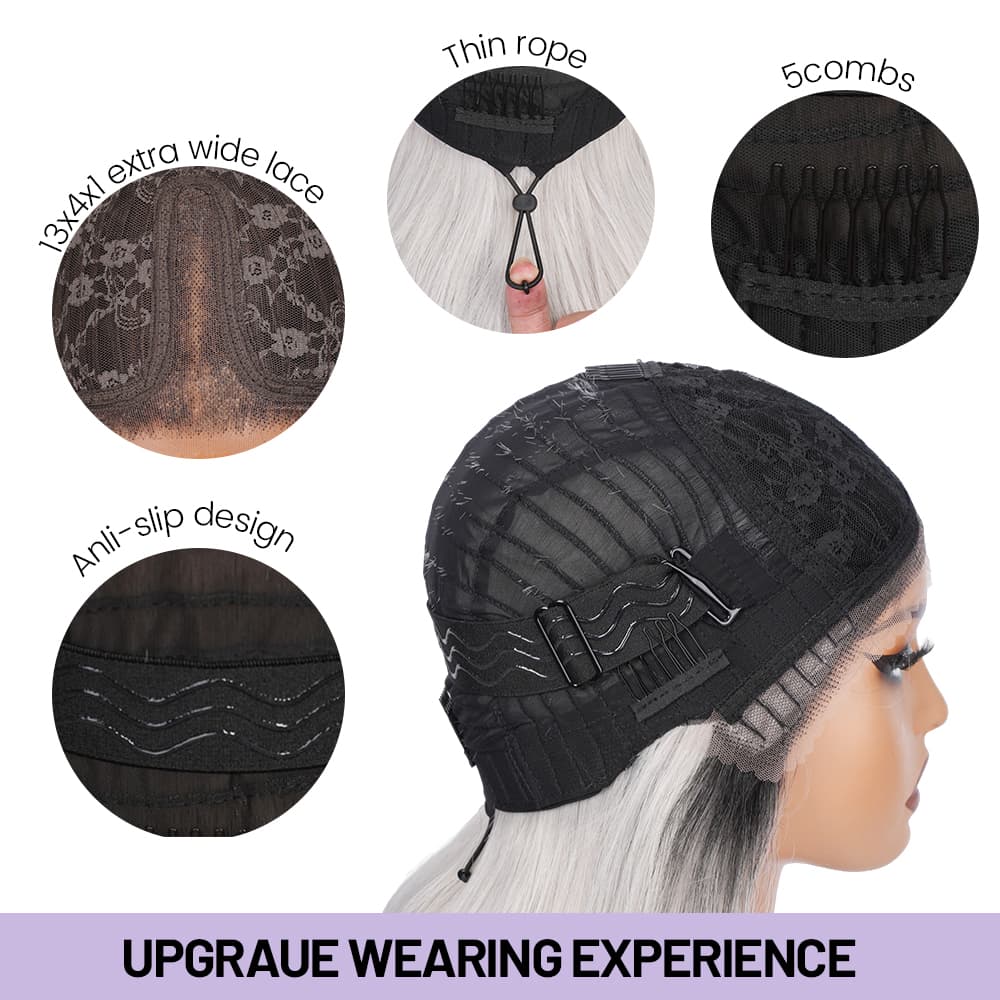 Wigaga 28 Inch Ombre Blonde Black Body Wave Wig, 13x4x1 HD Lace Glueless T-Part Lace Front Synthetic Wigs for Women, Pre-Plucked Hairline with Baby Hair, Soft Lightweight Heat-Resistant Premium Fiber, Middle Part Free Small Wavy, 200% Density