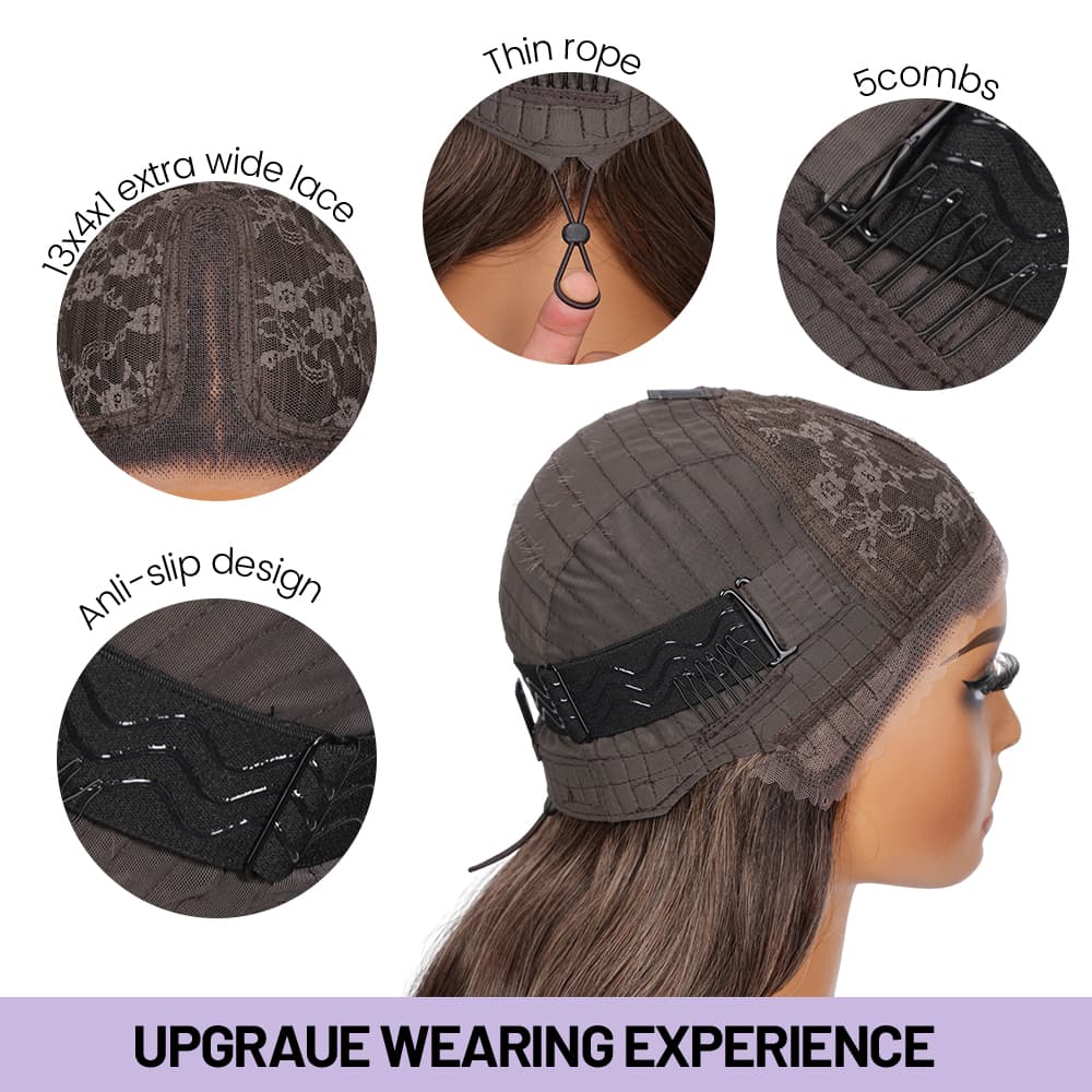Wigaga 28 Inch Ombre Brown Body Wave Wig, 13x4x1 HD Lace Glueless T-Part Lace Front Synthetic Wigs for Women, Pre-Plucked Hairline with Baby Hair, Soft Lightweight Heat-Resistant Premium Fiber, Middle Part Free Small Wavy, 200% Density