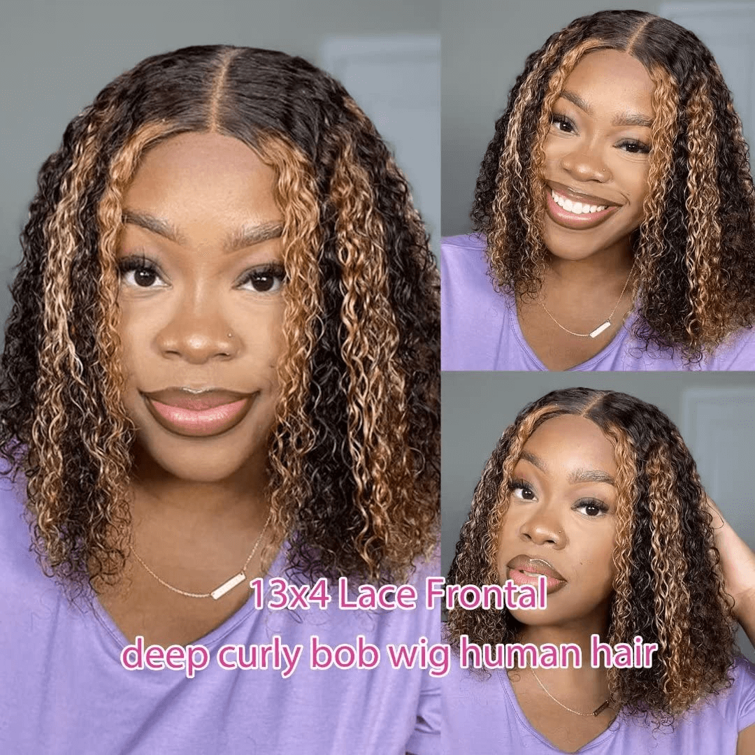 Wesface Highlight Bob Wig Honey Blonde 13x4 Transparent Lace Front Wig Human Hair Short Curly Bob Wigs Pre Plucked With Baby Hair Deep Wave Lace Front Wig 180% Density Super Soft P4/27 Color