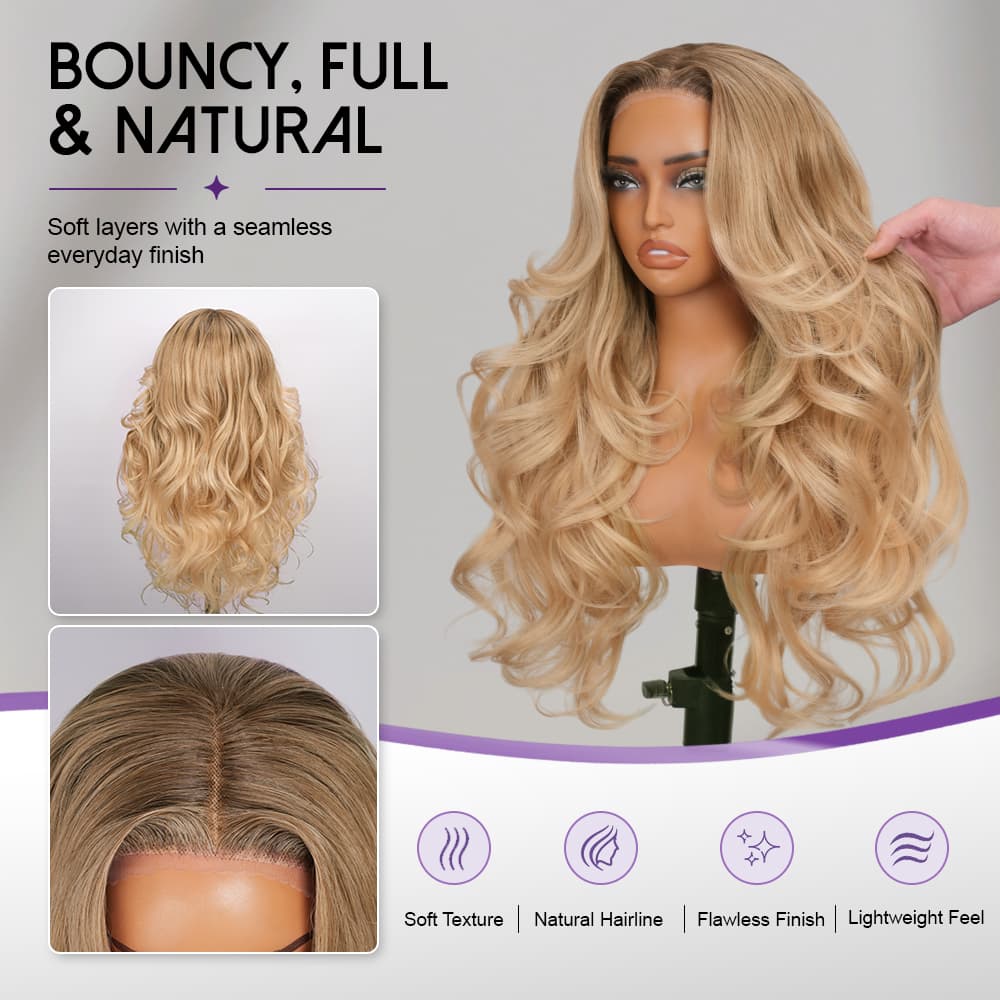 Wigaga 28 Inch Ombre Autumn Brown Body Wave Wig, 13x4x1 HD Lace Glueless T-Part Lace Front Synthetic Wigs for Women, Pre-Plucked Hairline with Baby Hair, Soft Lightweight Heat-Resistant Premium Fiber, Middle Part Free Small Wavy, 200% Density