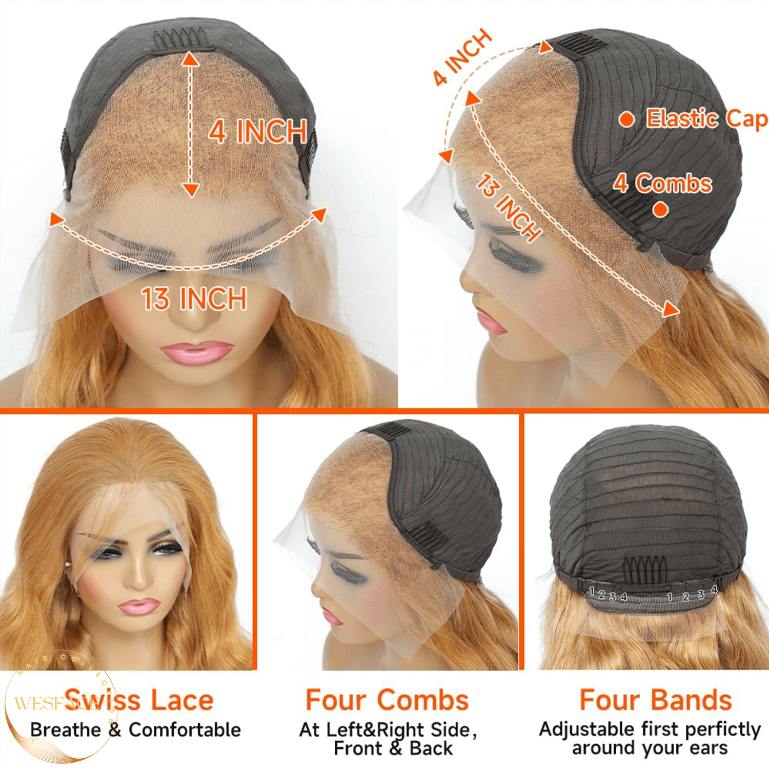 Wesface Honey Blonde Lace Front Wig Cabelo Humano Onda Corporal 13x4 Lace Frontal Perucas de Cabelo Humano Pré-Plucked com Cabelo de Bebê 180% Densidade Perucas Sem Cola 27