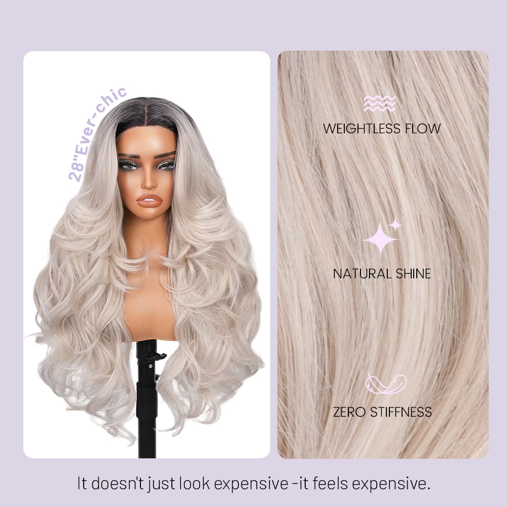 Wigaga 28 Inch Ombre Ice Cream Body Wave Wig, 13x4x1 HD Lace Glueless T-Part Lace Front Synthetic Wig for Women, Pre-Plucked Natural Hairline with Baby Hair, 200% Density, Soft Lightweight Heat-Resistant Premium Fiber