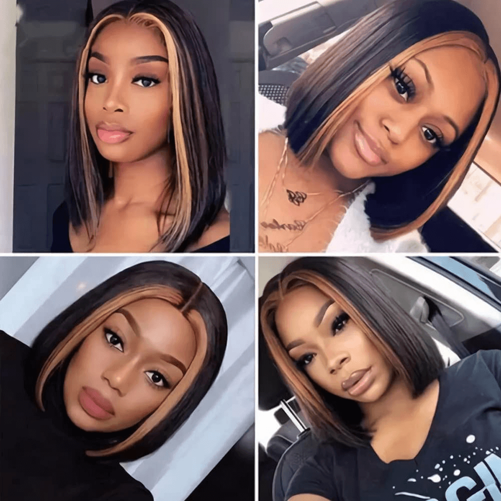 Wesface Wigs Faceframing Highlight Bob Wig 13x4 Transparent Lace Bob Wig Lace Front Human Hair Highlight Black Middle Part Bob Wigs Ombre Honey Blonde Straight Lace Front Bob Wigs for Women