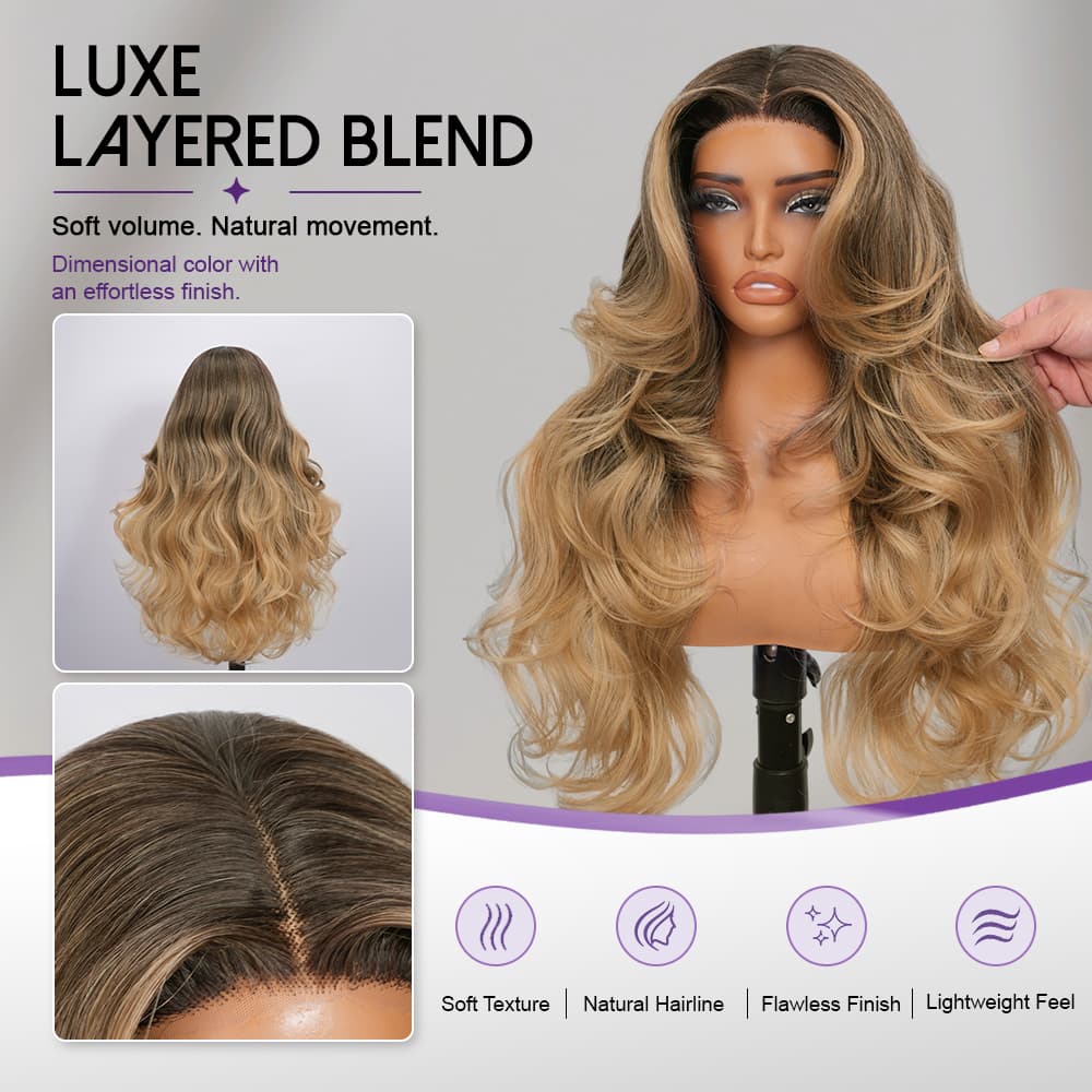 Wigaga 28 Inch Ombre Brown Body Wave Wig, 13x4x1 HD Lace Glueless T-Part Lace Front Synthetic Wigs for Women, Pre-Plucked Hairline with Baby Hair, Soft Lightweight Heat-Resistant Premium Fiber, Middle Part Free Small Wavy, 200% Density