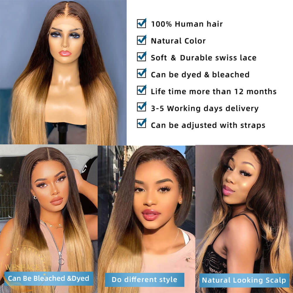 Wesface T2/27 Ombre Lace Front Wig pré-arrancado Glueless Highlight Ombre Long Straight Lace Front Wigs