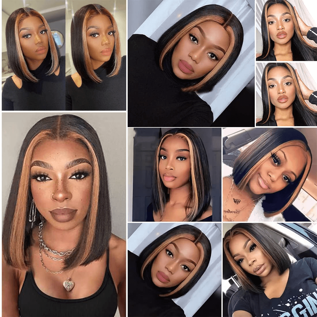Wesface Wigs Faceframing Highlight Bob Wig 13x4 Transparent Lace Bob Wig Lace Front Human Hair Highlight Black Middle Part Bob Wigs Ombre Honey Blonde Straight Lace Front Bob Wigs for Women