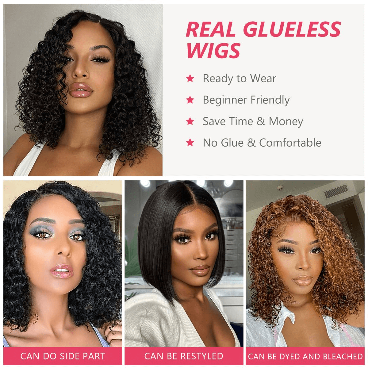 Wesface Wigs Wear and Go Glueless Bob Curly Wigs Human Hair 4x4 Pre-Cut Lace Pre Plucked Glueless Human Hair Wigs