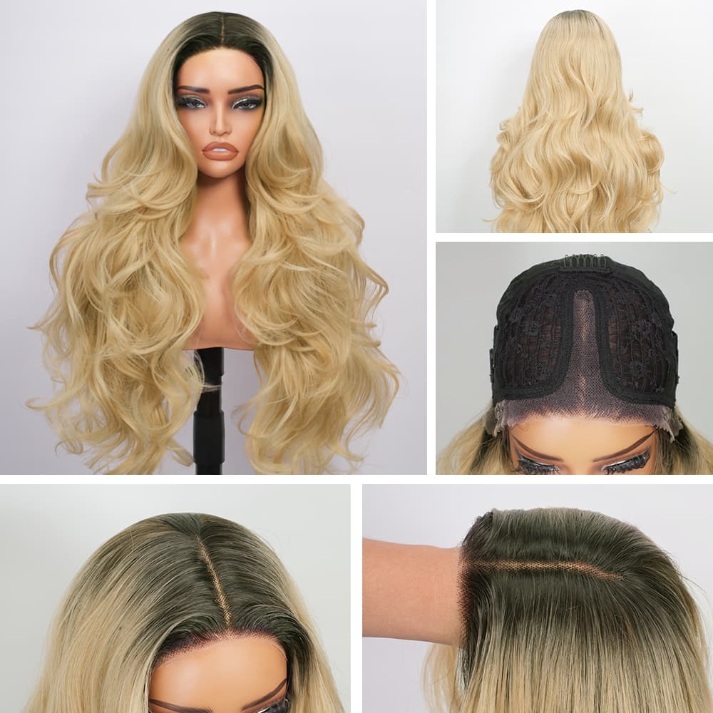 Wigaga 28 inch Ombre Flaxen Blonde Body Wave Wig, 13x4x1 HD Lace Glueless T-Part Lace Front Synthetic Wig for Women, Pre-Plucked Natural Hairline with Baby Hair, 200% Density Soft Lightweight Heat-Resistant Premium Fiber, Middle Part