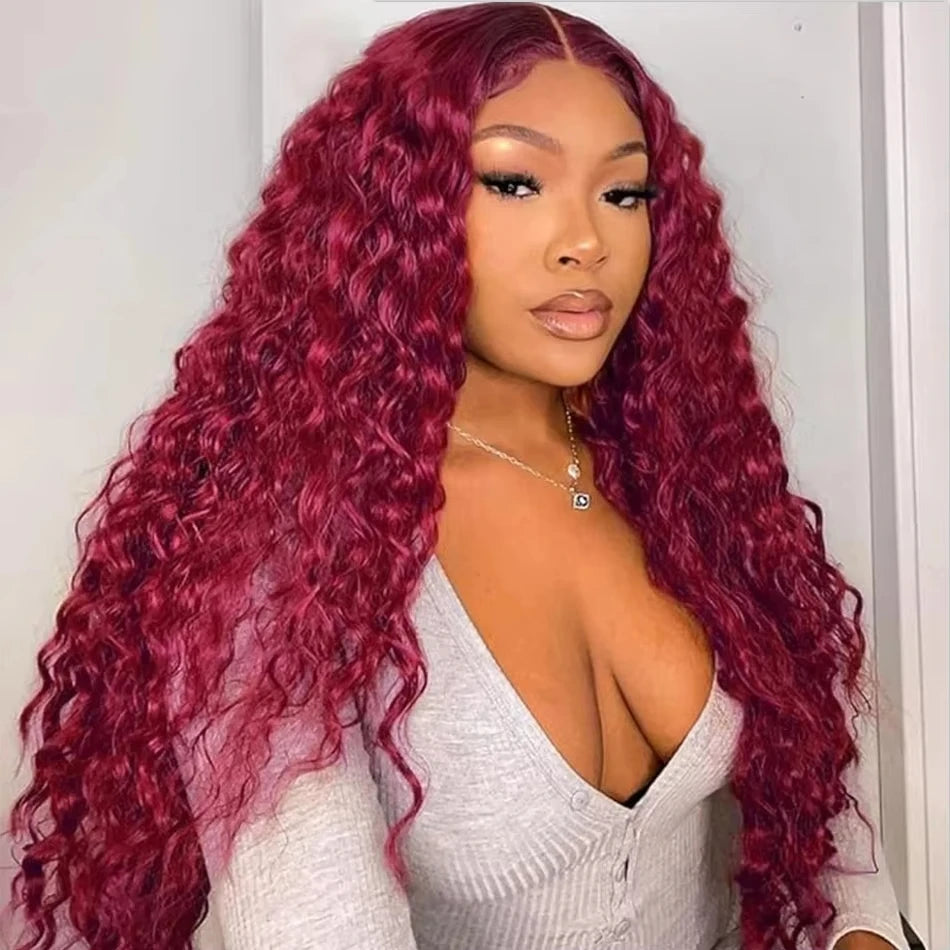 Wesface Hair 99J Burgundy Deep Wave 13x6 Transparent Lace Frontal Wigs Red Colored  Human Hair Wigs For Women