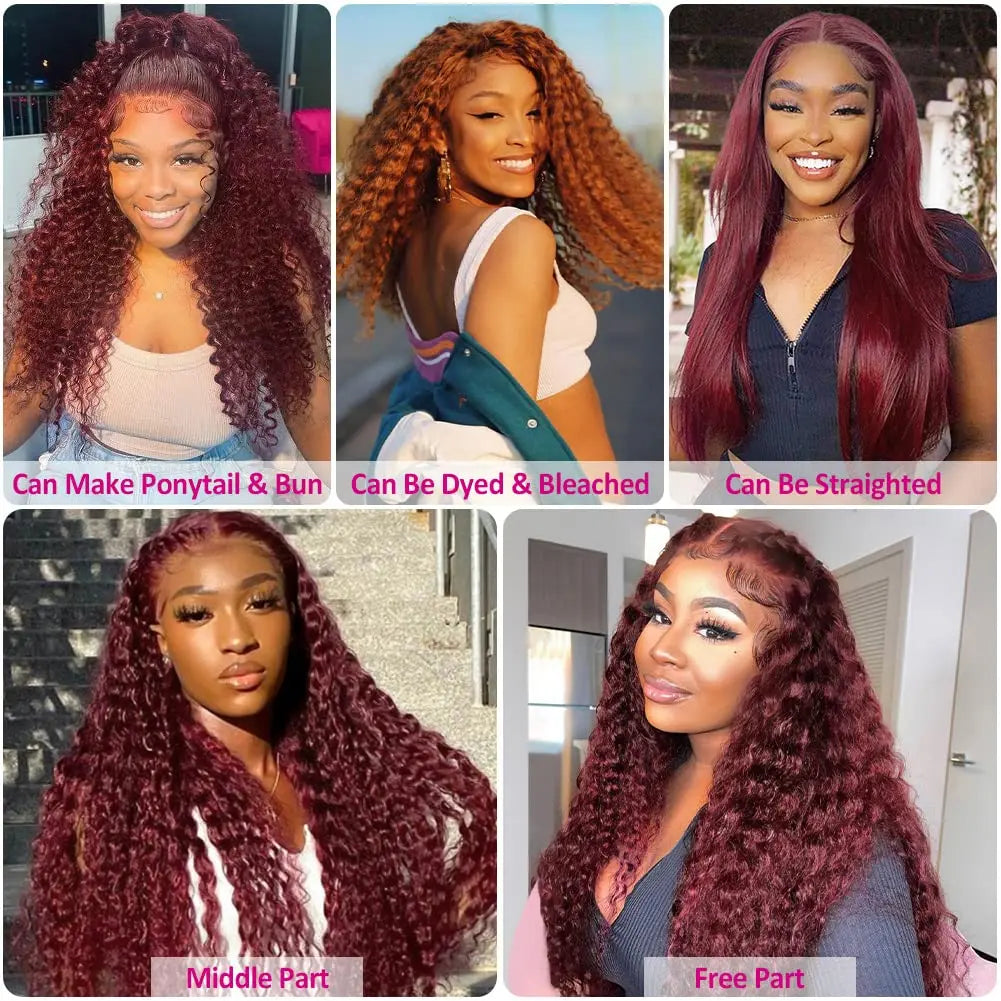 Wesface Hair 99J Burgundy Deep Wave 13x6 Transparent Lace Frontal Wigs Red Colored  Human Hair Wigs For Women
