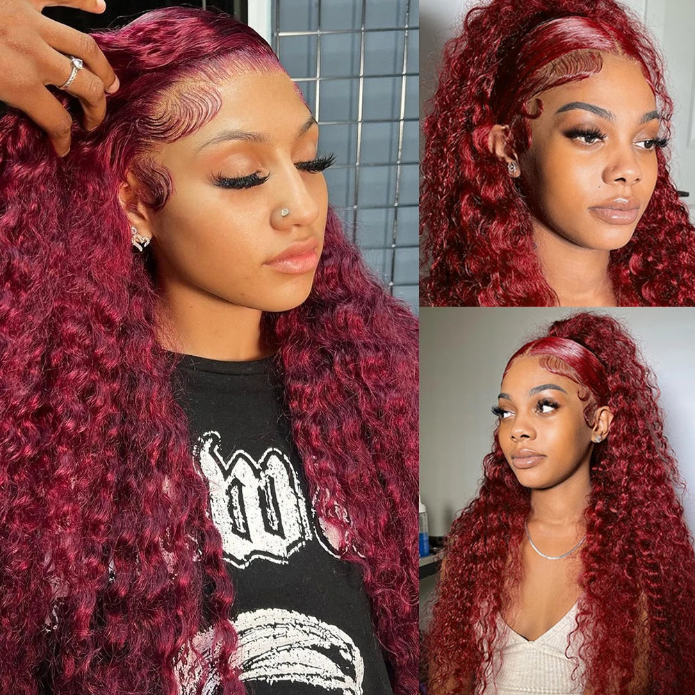 Wesface Hair 99J Burgundy Deep Wave 13x6 Transparent Lace Frontal Wigs Red Colored  Human Hair Wigs For Women