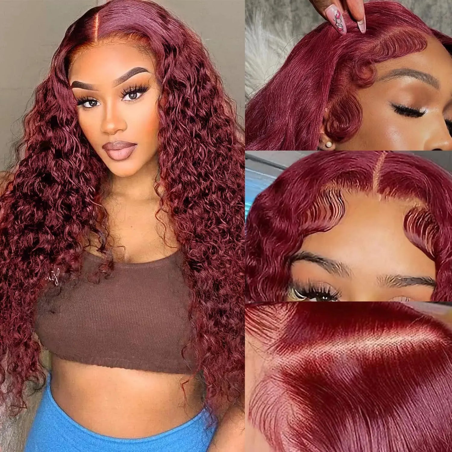 Wesface Hair 99J Burgundy Deep Wave 13x6 Transparent Lace Frontal Wigs Red Colored  Human Hair Wigs For Women