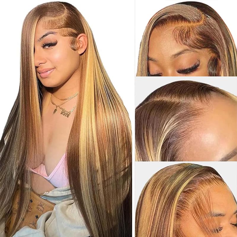 p4/27 Highlight Straight Pre-cut 9x7 Lace Wig Undetectable HD Lace Bleach Knots 100% Real Gluelessly Install