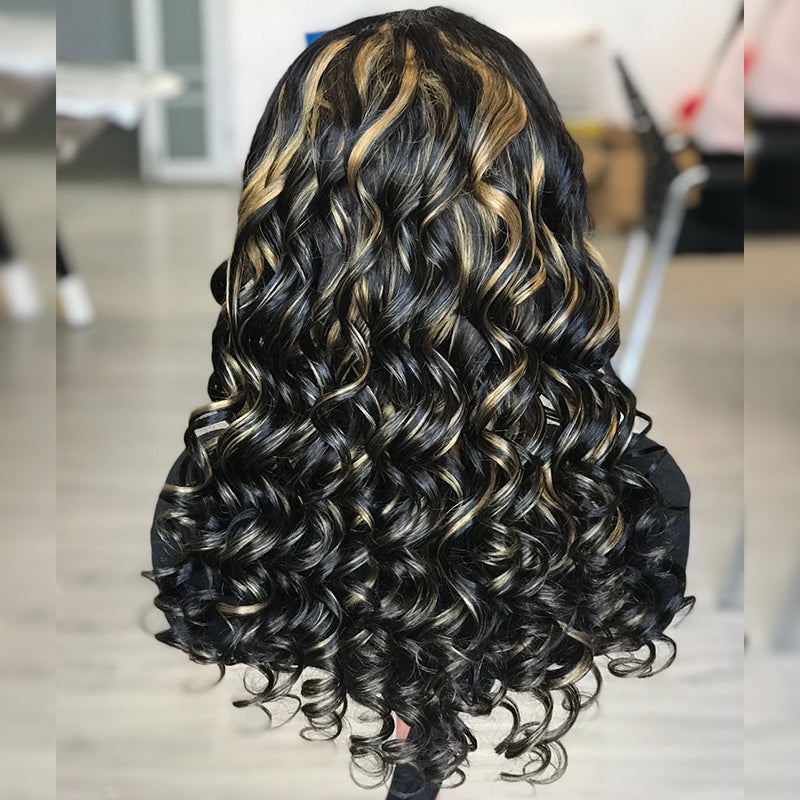 Peluca de cabello humano virgen Wesface Bouncy Curls P1B/27 Color 13x4 transparente con encaje frontal para mujeres negras
