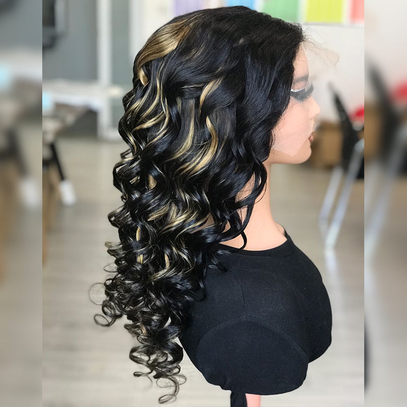 Peluca de cabello humano virgen Wesface Bouncy Curls P1B/27 Color 13x4 transparente con encaje frontal para mujeres negras